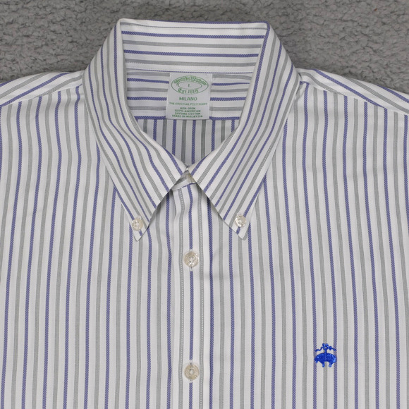 Brooks Brothers Milano Shirt Mens Large Blue Striped Button Up Long Sleeve - Picture 1 of 13